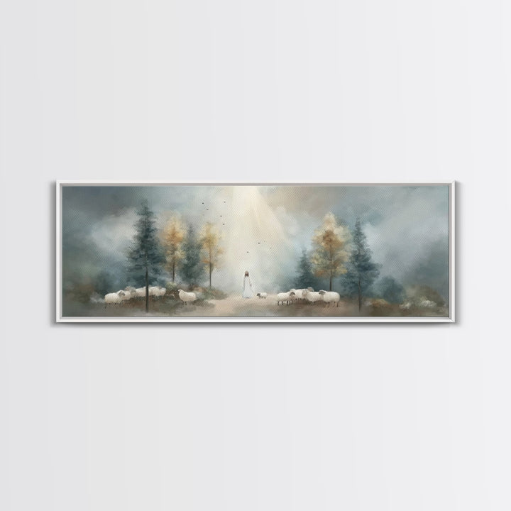 Light Of The Shepherd, Framed Canvas Print, Panoramic Wall Art, Christian Art Canvas, Jesus Painting, Christian Christmas Art, Christian Ar