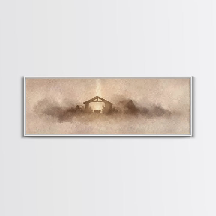 Holy Stable Glow, Framed Canvas Print, Panoramic Wall Art, Christian Art Canvas, Christmas Art, Christian Wall Art, Christian Christmas