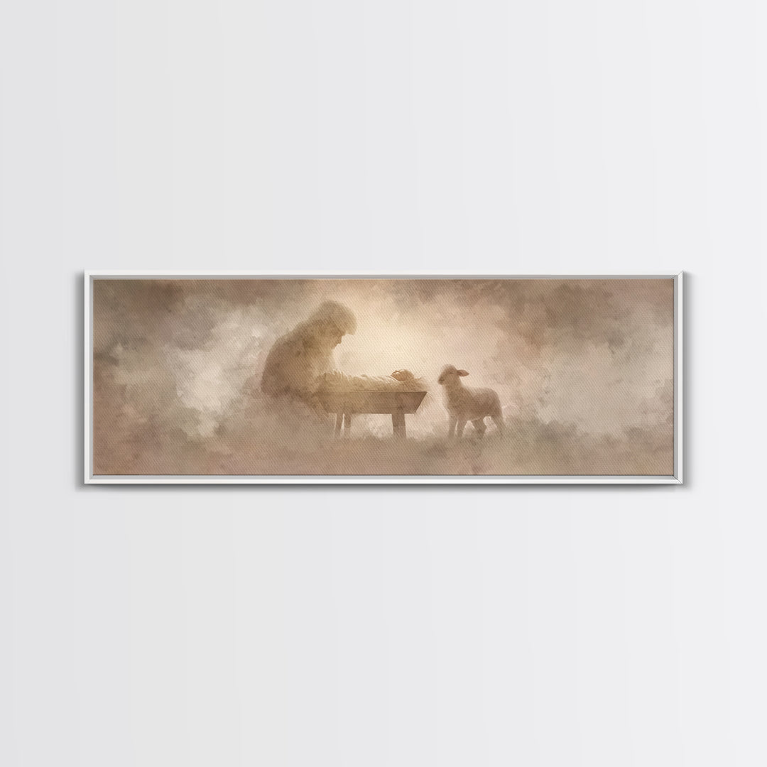 Tender Lamb Joy – Framed Canvas Print – Panoramic Print – Christian Art Canvas – Christian Wall Art – Christmas Art – Christian Christmas A