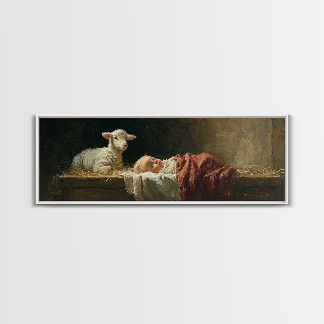 Holy Manger Light – Framed Canvas Print – Christian Wall Art – Jesus Painting – Panoramic Art – Christian Christmas Art