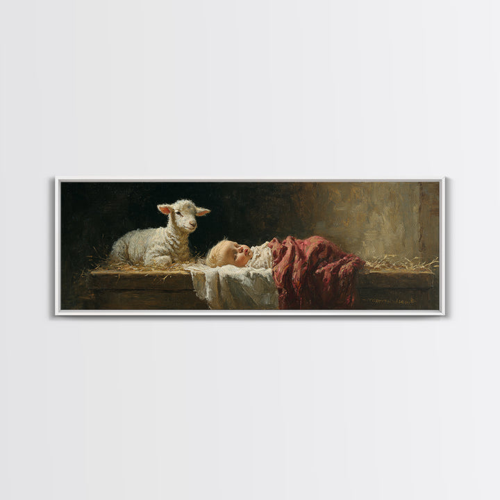 Holy Manger Light – Framed Canvas Print – Christian Wall Art – Jesus Painting – Panoramic Art – Christian Christmas Art