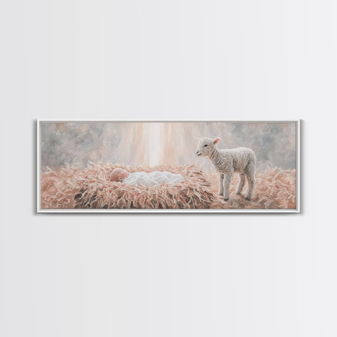 Gentle Nativity Peace, Framed Canvas Print, Christian Christmas Art, Panoramic Wall Art, Christian Wall Art, Jesus Painting