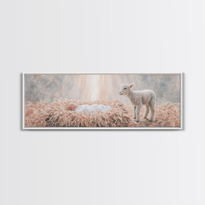 Gentle Nativity Peace, Framed Canvas Print, Christian Christmas Art, Panoramic Wall Art, Christian Wall Art, Jesus Painting