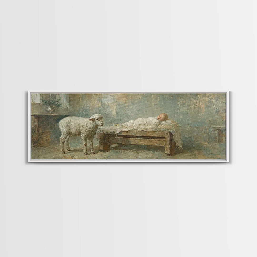 Lamb Of Promise, Framed Canvas Print, Christmas Wall Art, Panoramic Art, Christian Art Canvas, Christian Christmas Art