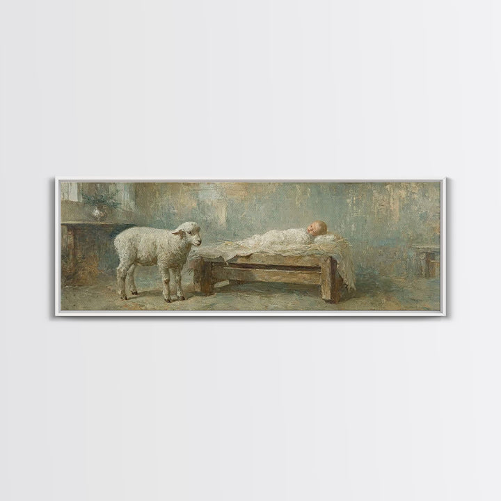 Lamb Of Promise, Framed Canvas Print, Christmas Wall Art, Panoramic Art, Christian Art Canvas, Christian Christmas Art