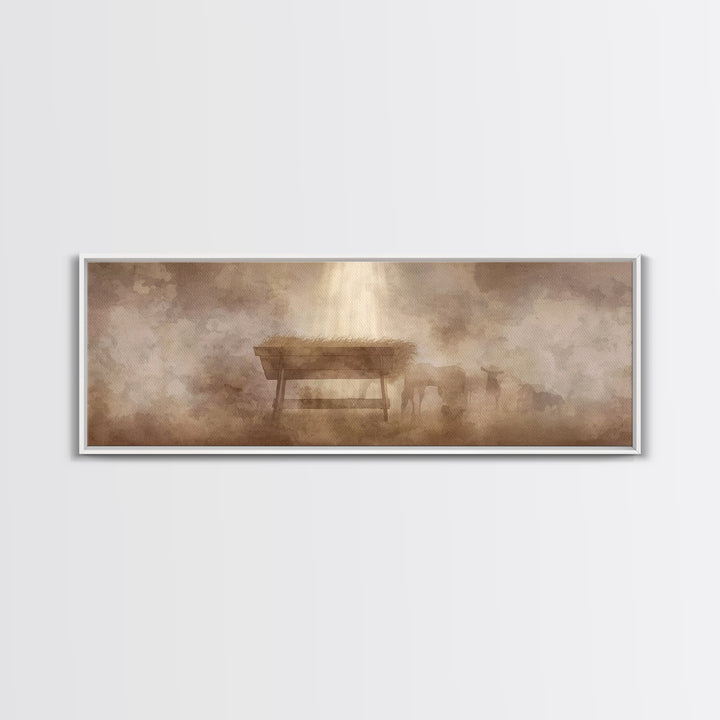 Shepherds At Peace, Framed Canvas Print, Panoramic Painting, Christian Art Canvas, Christian Wall Art, Christmas Art, Subtle Christian Art