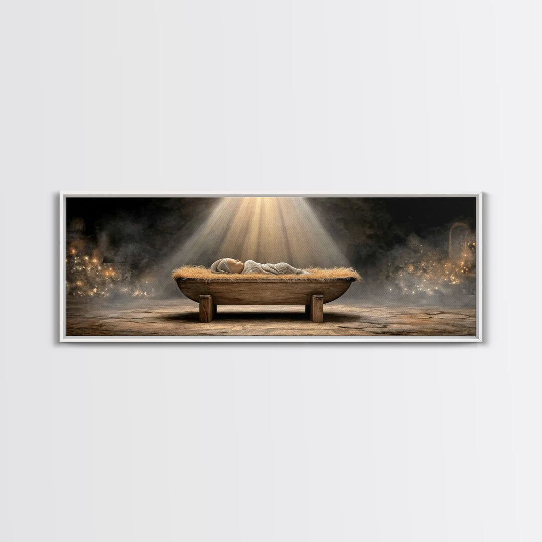 Holy Nativity Light, Framed Canvas Print, Panoramic Painting, Christmas Art, Christian Christmas Art, Jesus Christmas Art, Framed Christmas