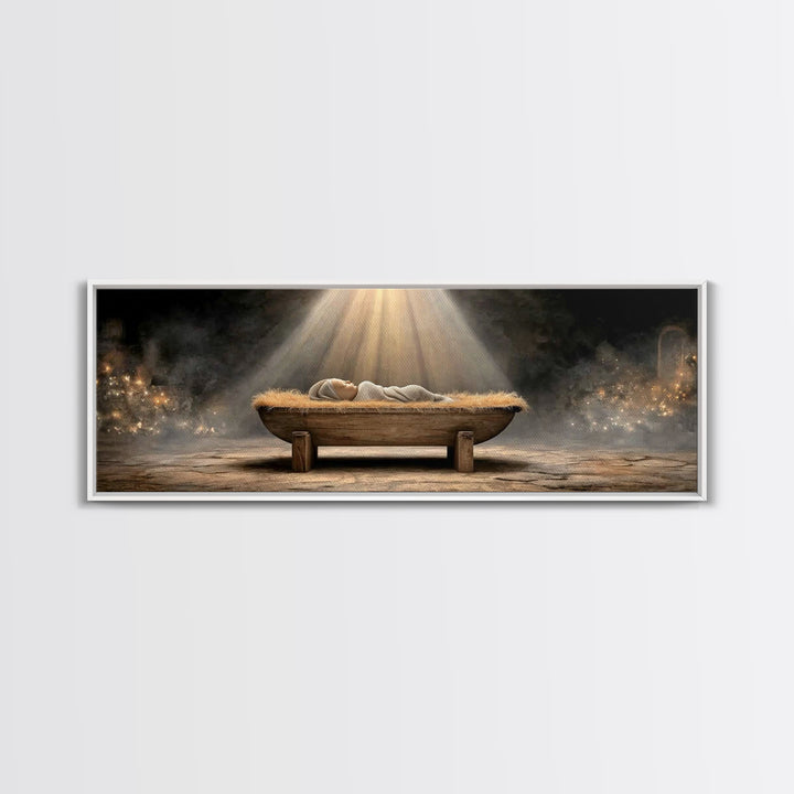Holy Nativity Light, Framed Canvas Print, Panoramic Painting, Christmas Art, Christian Christmas Art, Jesus Christmas Art, Framed Christmas