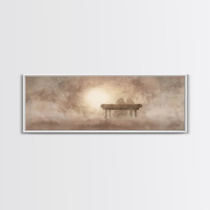 Manger In The Mist | Framed Canvas Print | Panoramic Wall Art | Christian Christmas Art | Christmas Canvas Wall Art | Christian Art Canvas