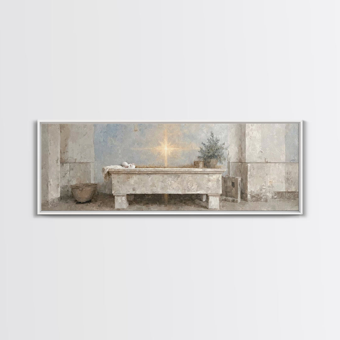 Guiding Manger Light – Framed Canvas Print – Christian Wall Art – Christmas Art – Christian Art Canvas – Panoramic Art – Jesus Painting – C
