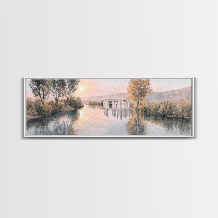 River Dawn Communion, Framed Canvas Print, Christian Wall Art, Christian Art Canvas, Jesus Painting, Panoramic Art