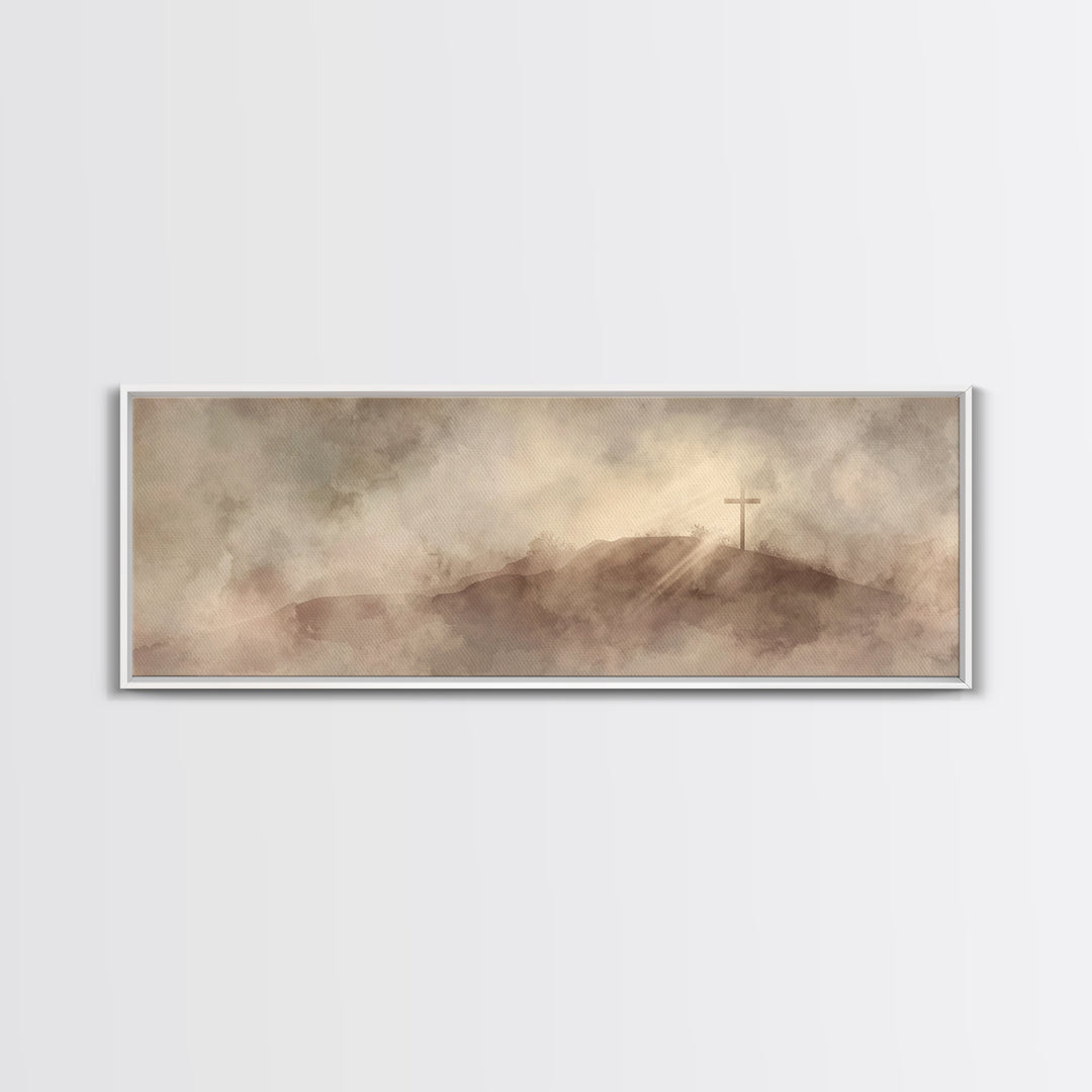 Hilltop Cross Light – Framed Canvas Print – Christian Wall Art – Christian Art Canvas – Panoramic Wall Art – Christian Decor