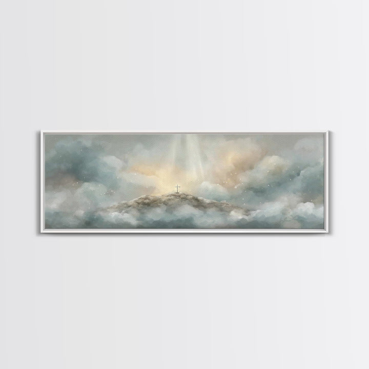 Heavenly Summit Glow | Framed Canvas Print | Christian Wall Art | Christian Art Canvas | Panoramic Painting | Christian Gift Ideas