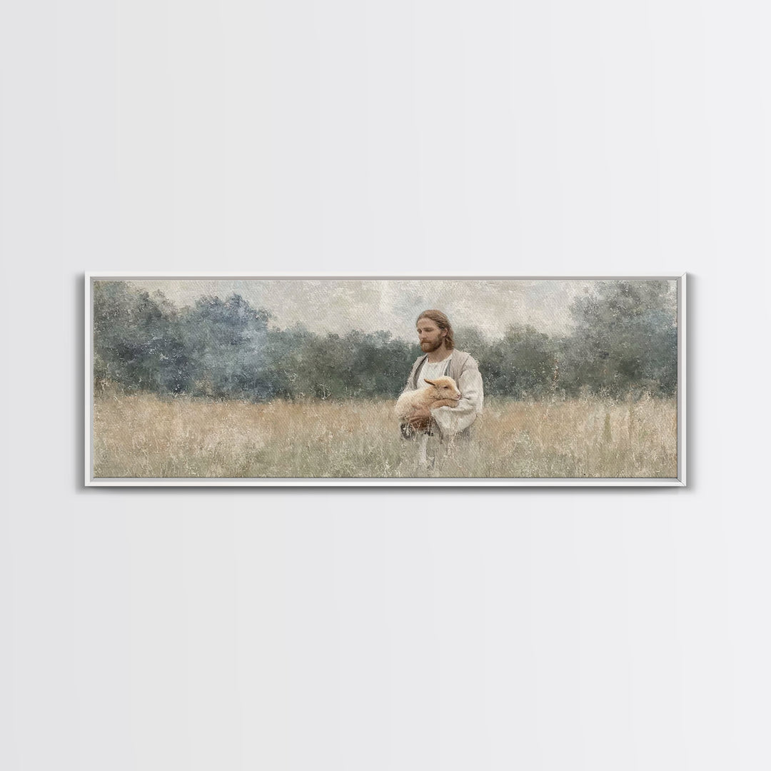 Gentle Shepherd Field, Framed Canvas Print, Christian Wall Art, Christian Art Canvas, Panoramic Art, Christian Decor