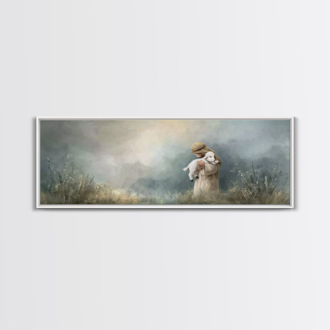 Tender Shepherd Embrace – Framed Canvas Print – Christian Wall Art – Christian Art Canvas – Jesus Painting – Panoramic Art – Christmas Art