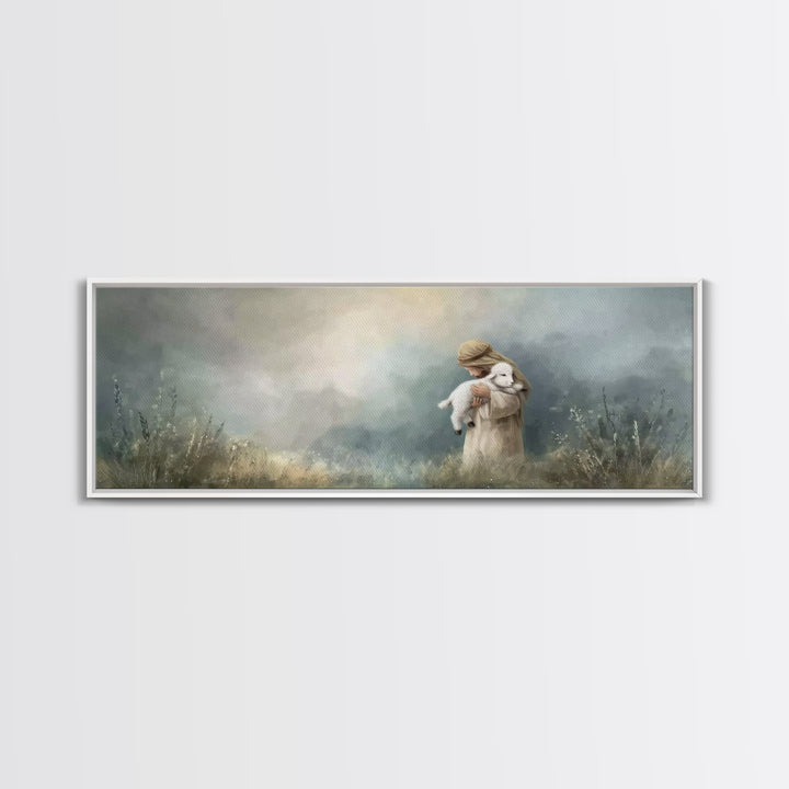 Tender Shepherd Embrace – Framed Canvas Print – Christian Wall Art – Christian Art Canvas – Jesus Painting – Panoramic Art – Christmas Art