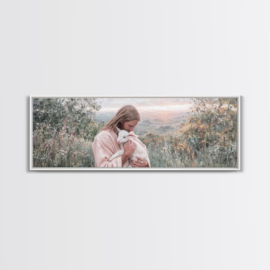 Gentle Pasture Peace, Framed Canvas Print, Christian Christmas Art, Christian Art Canvas, Jesus Painting, Panoramic Wall Art, Christian Dec