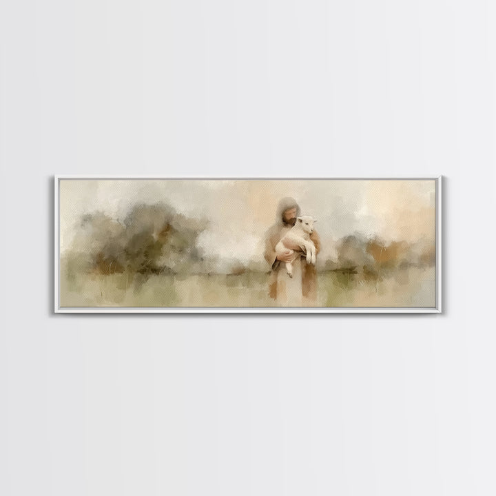 Warm Meadow Mercy | Framed Canvas Print | Christian Wall Art | Jesus Painting | Christian Art Canvas | Panoramic Painting | Christmas Art