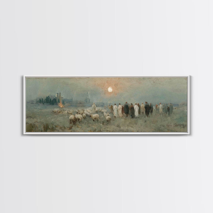 Shepherds In Stillness – Framed Canvas Print – Christian Art Canvas – Panoramic Frame – Christian Christmas Art – Jesus Painting – Christia