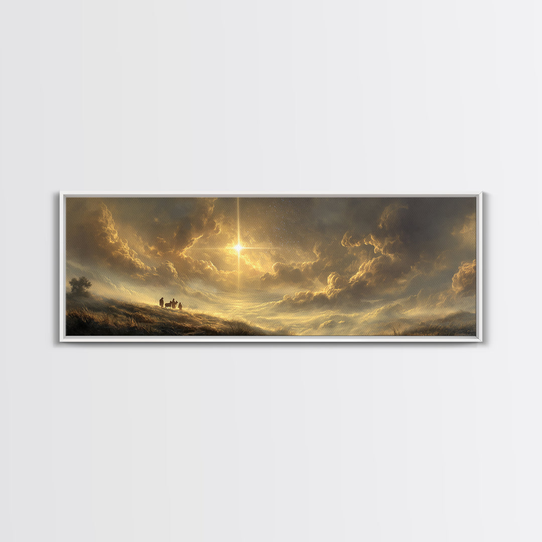 Golden Promise Sky | Framed Canvas Print | Christian Wall Art | Panoramic Wall Art | Jesus Painting | Christian Art Canvas | Christmas Art