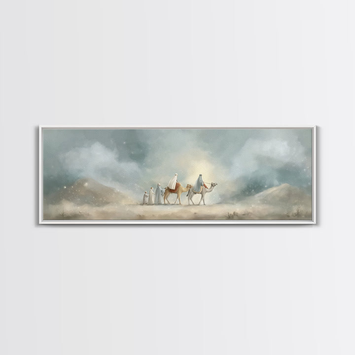 Desert Pilgrimage Light, Framed Canvas Print, Christian Wall Art, Christian Art Canvas, Panoramic Art, Christmas Art, Christian Christmas A