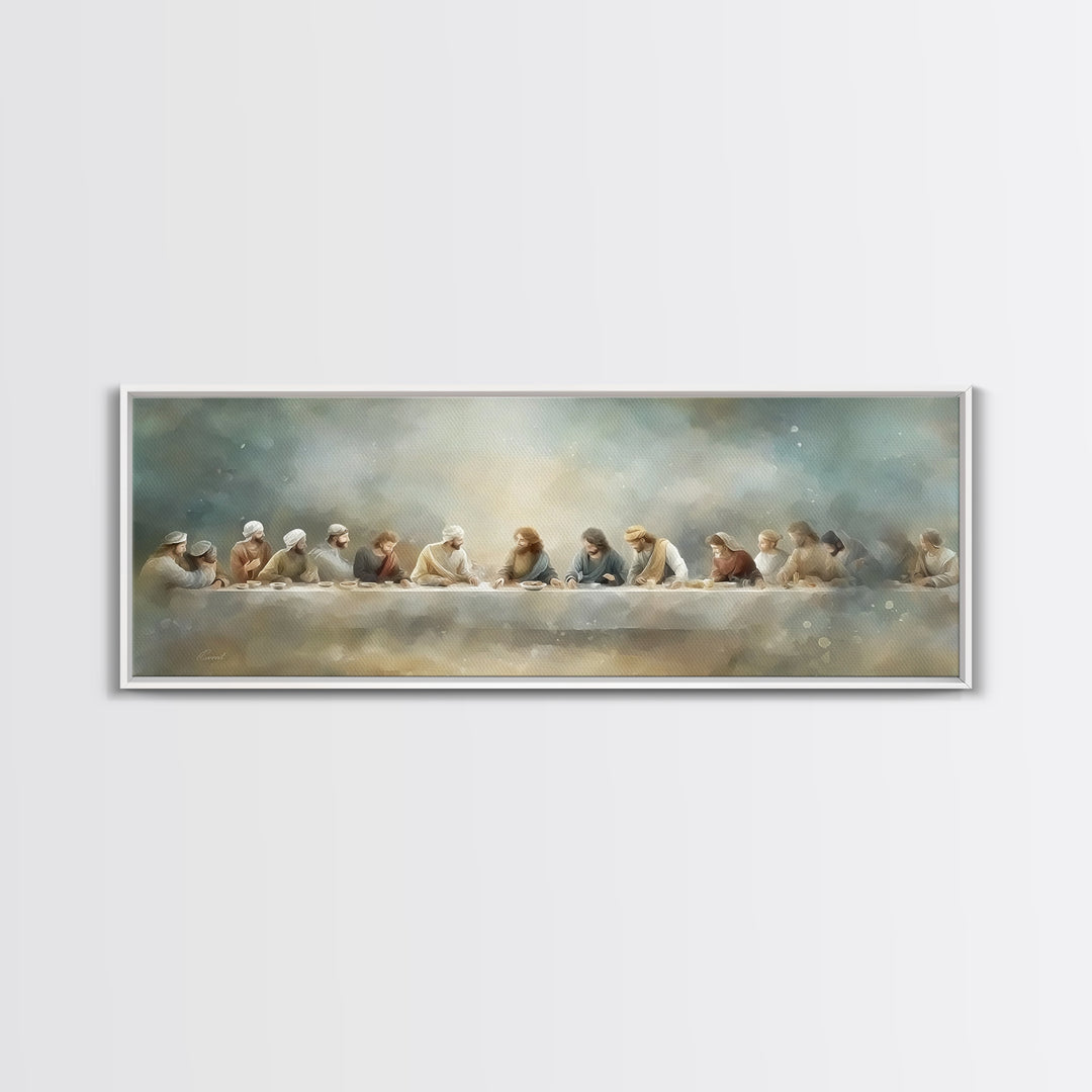 Last Table Serenity, Framed Canvas Print, Christian Art Print, Jesus Canvas Art, Panoramic Painting, Modern Christian Art