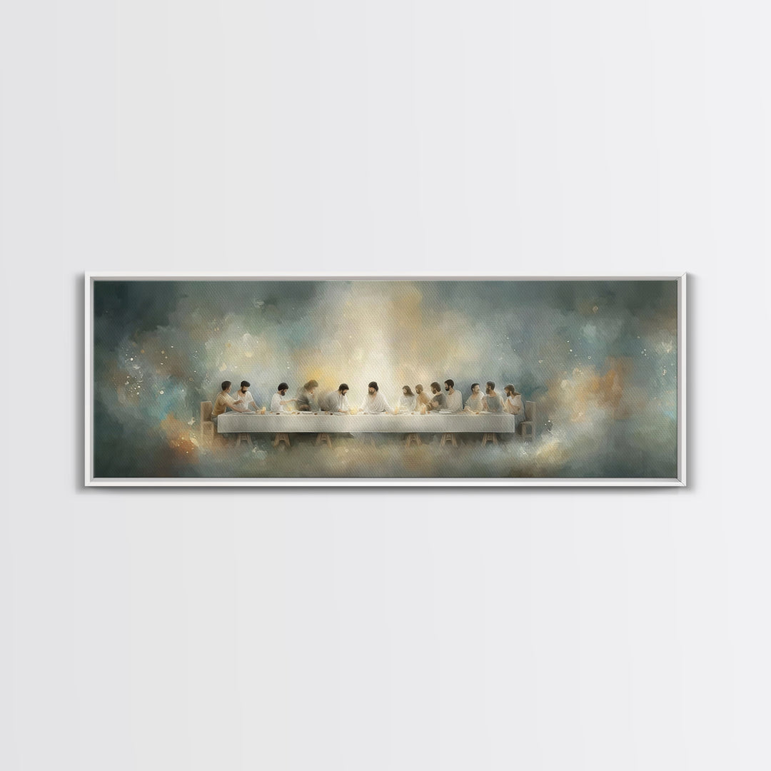Quiet Supper Gathering | Framed Canvas Print | Christian Art Canvas | Large Jesus Painting | Panoramic Print | Christian Decor