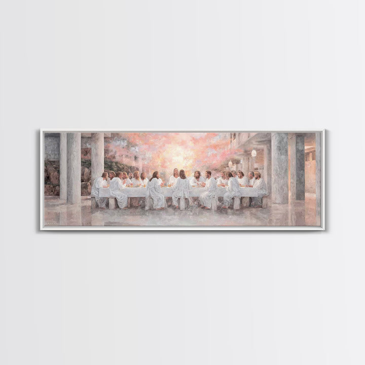 Sacred Supper Reflection, Framed Canvas Print, Christian Wall Art, Jesus Painting, Panoramic Painting, Christian Art Canvas
