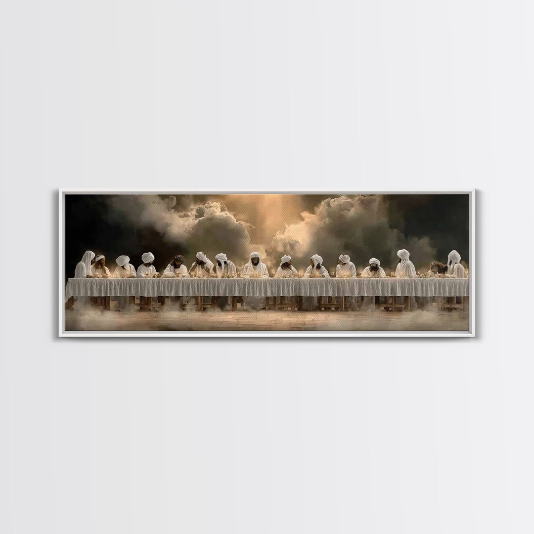 Blessed Gathering | Framed Canvas Print | Christian Wall Art | Panoramic Wall Art | Jesus Painting | Christmas Art | Christian Canvas
