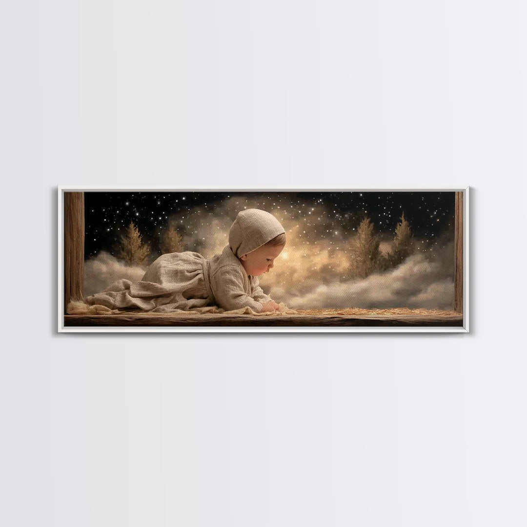 Radiant Nativity – Framed Canvas Print – Christian Christmas Art – Panoramic Frame – Christian Wall Art – Jesus Painting – Christmas Canvas