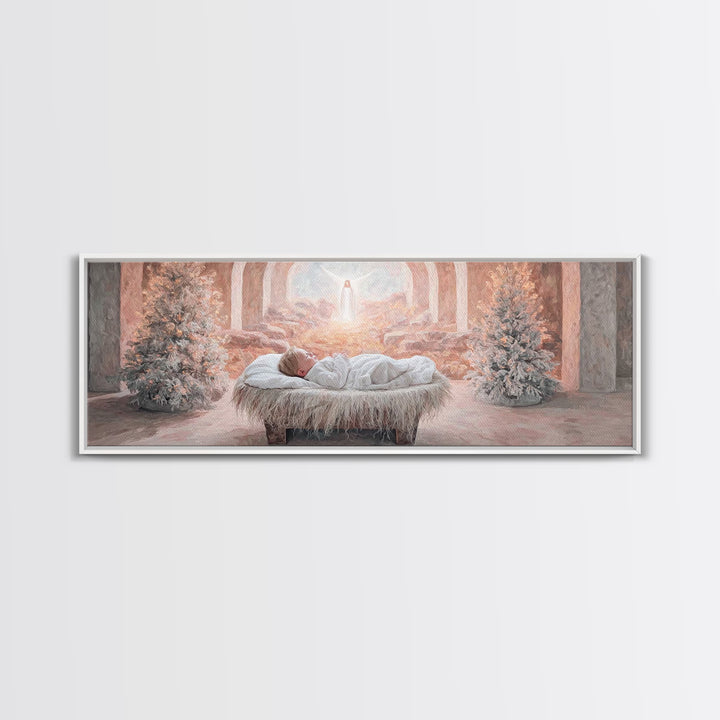 Manger Dawn Peace | Framed Canvas Print | Christian Art Canvas | Panoramic Art | Christian Christmas Art | Jesus Painting | Christian Decor