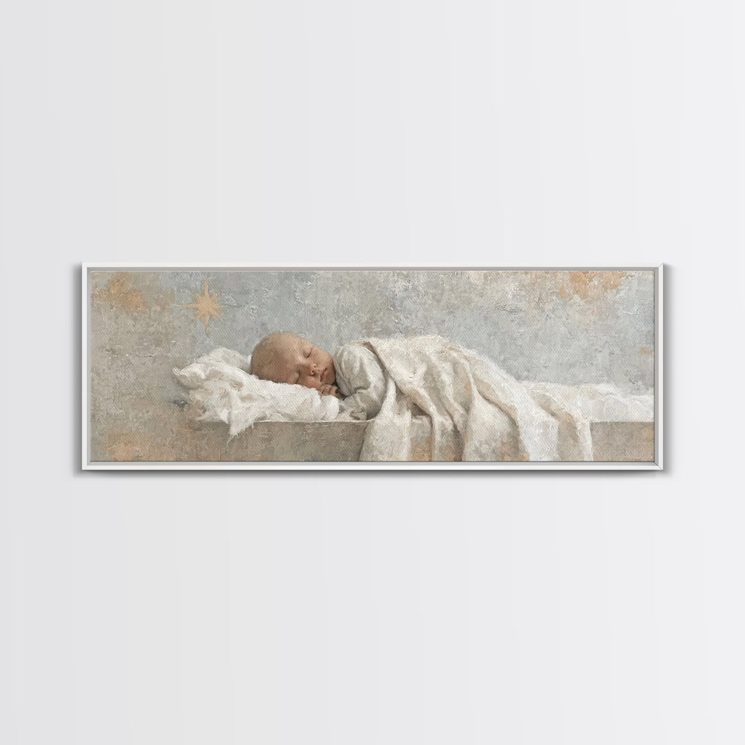 Gentle Holy Night, Framed Canvas Print, Christian Christmas Art, Panoramic Print, Christian Art Canvas, Jesus Painting, Christmas Decor