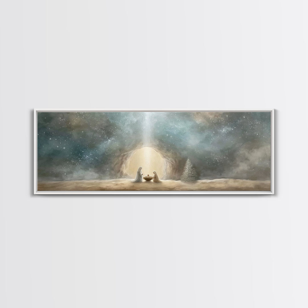 Starlit Holy Night – Framed Canvas Print – Christian Wall Art – Panoramic Art – Christian Art Canvas – Christmas Art – Jesus Christmas Art