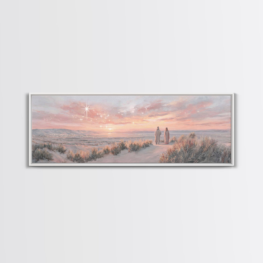 Bethlehem Dawn Glow, Framed Canvas Print, Christian Wall Art, Panoramic Frame, Christian Christmas Art, Jesus Art Print, Christmas Decor