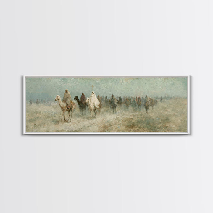 Pilgrims In Haze – Framed Canvas Print – Christian Wall Art – Panoramic Painting – Christian Art Canvas – Christmas Art – Christian Decor