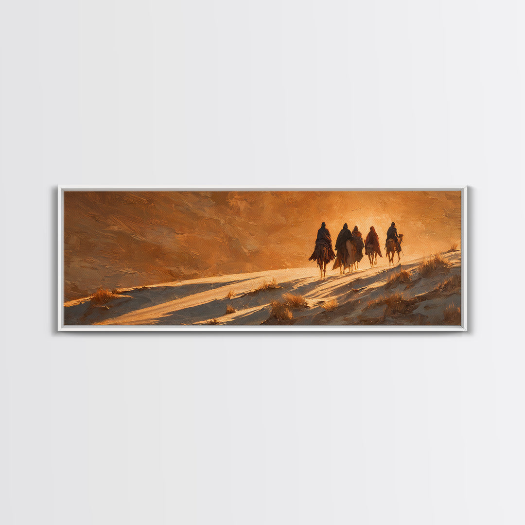 Golden Caravan Light, Framed Canvas Print, Christian Christmas Art, Panoramic Wall Art, Christian Art Canvas, Jesus Painting, Christmas Wal