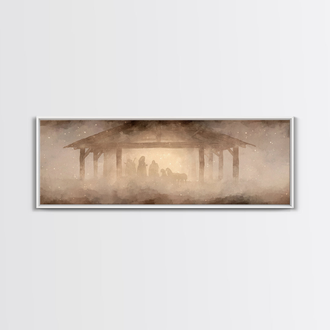 Glory In The Stable | Framed Canvas Print | Christian Wall Art | Christian Art Canvas | Extra Wide Art | Christmas Art | Christian Painting