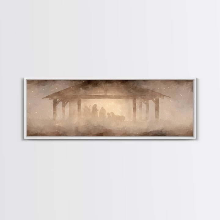 Glory In The Stable | Framed Canvas Print | Christian Wall Art | Christian Art Canvas | Extra Wide Art | Christmas Art | Christian Painting