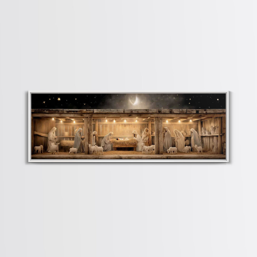 Nativity Serenity – Framed Canvas Print – Christian Wall Art – Christian Art Canvas – Panoramic Frame – Christmas Art – Christian Christmas