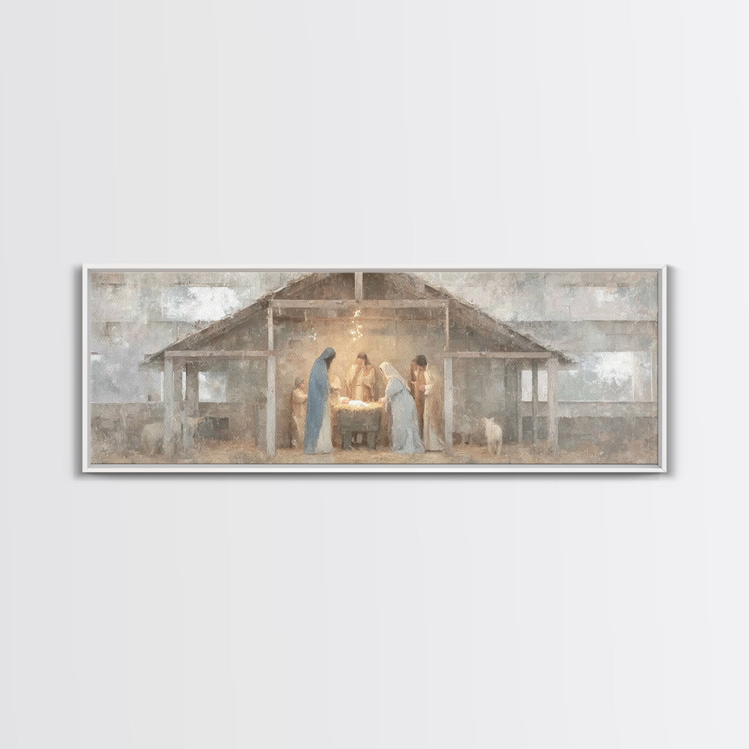 Starry Night Nativity, Framed Canvas Print, Christian Wall Art, Christian Art Canvas, Panoramic Art, Christmas Art, Jesus Christmas Art
