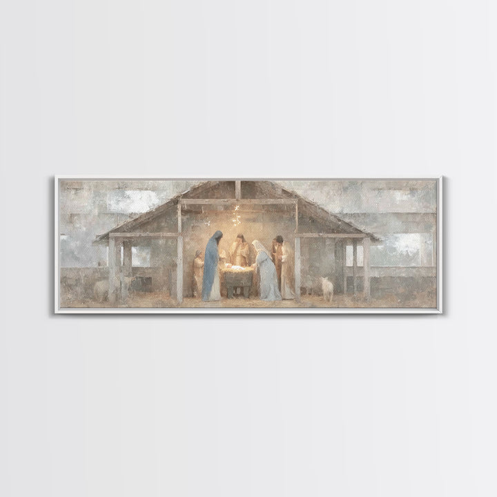 Starry Night Nativity, Framed Canvas Print, Christian Wall Art, Christian Art Canvas, Panoramic Art, Christmas Art, Jesus Christmas Art