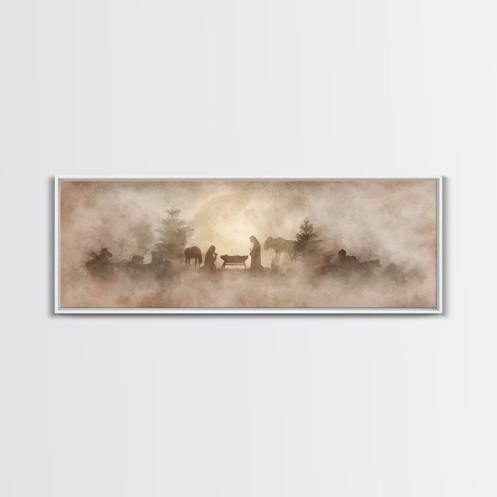 Manger In The Mist, Framed Canvas Print, Panoramic Art, Christian Wall Art, Christian Art Canvas, Christmas Art, Christian Decor, Jesus Pai