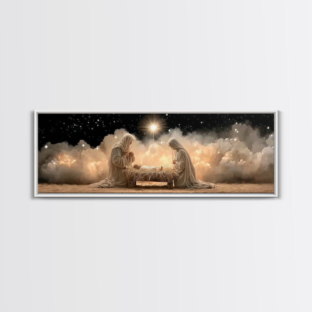 Celestial Manger Peace – Framed Canvas Print – Panoramic Art – Christian Wall Art – Christian Art Canvas – Christmas Art – Jesus Painting –
