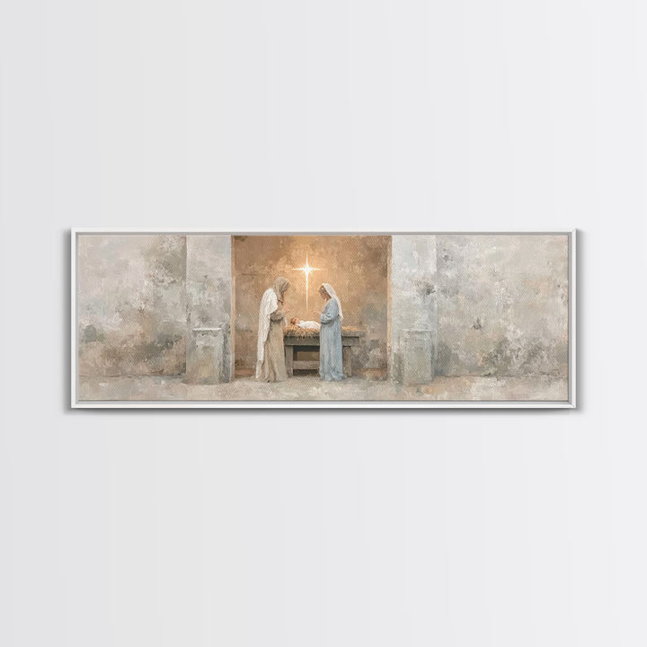 Humble Manger Peace – Framed Canvas Print – Christian Wall Art – Christmas Art – Panoramic Print – Christian Art Canvas – Christian Decor