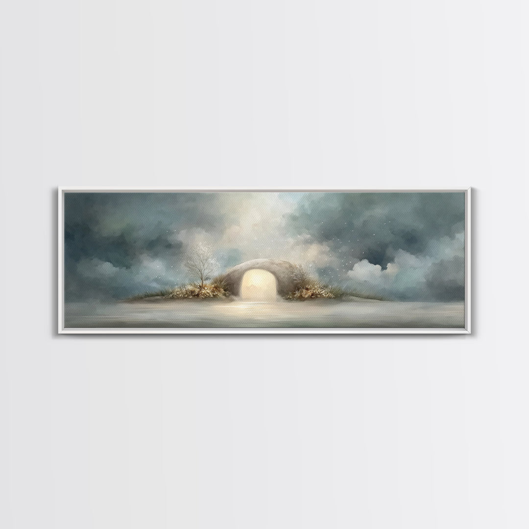 Heavenly Tomb Glow | Framed Canvas Print | Christian Wall Art | Christian Art Canvas | Christian Painting | Panoramic Wall Art | Christmas