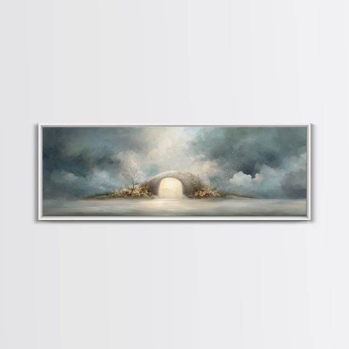 Heavenly Tomb Glow | Framed Canvas Print | Christian Wall Art | Christian Art Canvas | Christian Painting | Panoramic Wall Art | Christmas