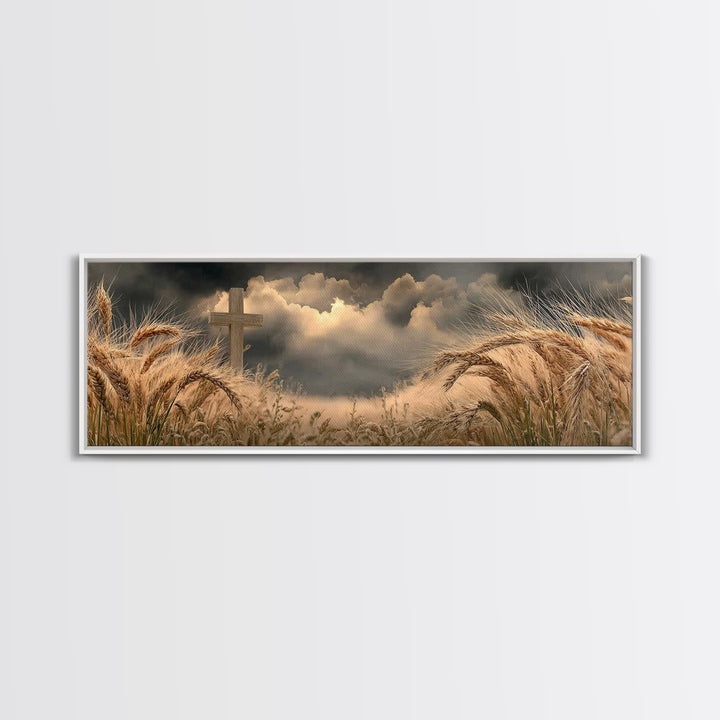 Wheatland Cross | Framed Canvas Print | Christian Wall Art | Christian Art Canvas | Panoramic Painting | Christian Art Gift