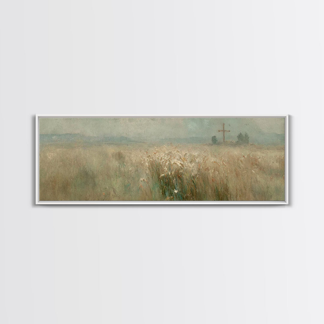 Silent Crossfield, Framed Canvas Print, Christian Wall Art, Christian Art Canvas, Panoramic Painting, Christian Art Work