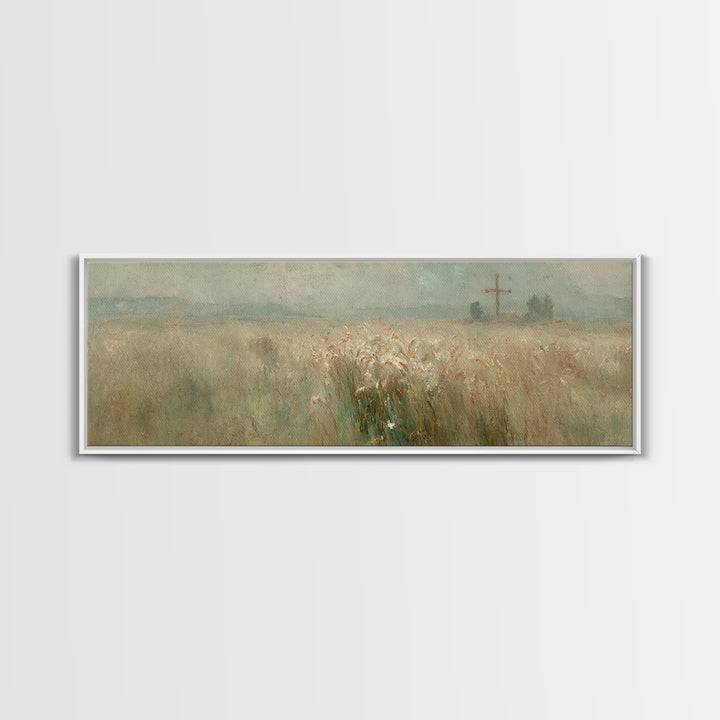 Silent Crossfield, Framed Canvas Print, Christian Wall Art, Christian Art Canvas, Panoramic Painting, Christian Art Work