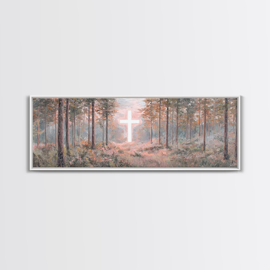 Forest Cross Light, Framed Canvas Print, Panoramic Wall Art, Christian Wall Art, Jesus Painting, Christian Canvas, Christian Art, Faith Art